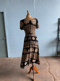 90's Black & Ivory Boho batik block printed dress with back corset lacing