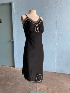 50-60's Black slip dress with silver and pink trim and embellishments