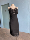 50-60's Black slip dress with silver and pink trim and embellishments