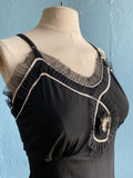 50-60's Black slip dress with silver and pink trim and embellishments