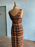 90's Brown abstract tribal printed body con dress with front slit