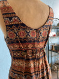 90's Brown abstract tribal printed body con dress with front slit