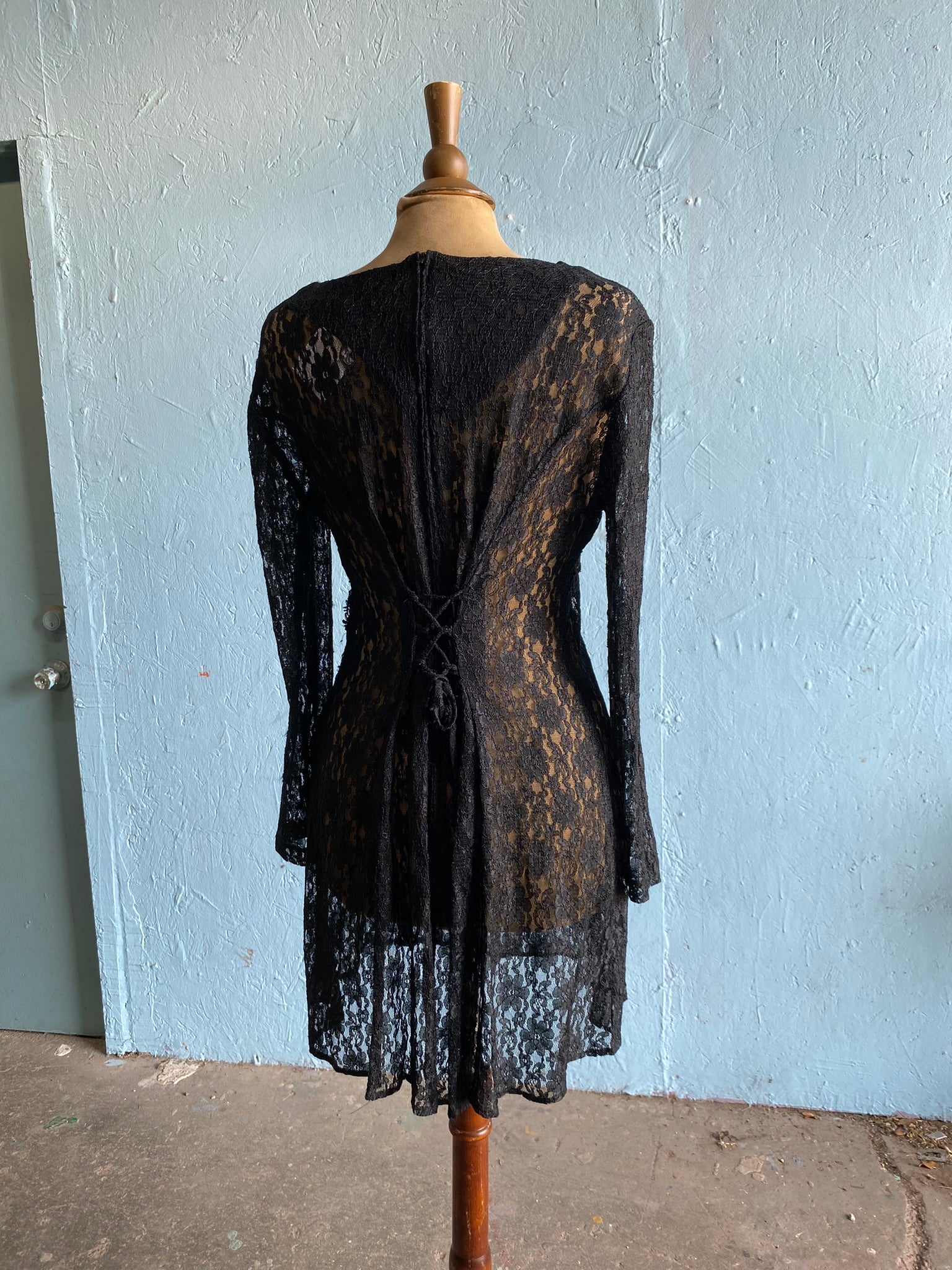 80-90's Black laced mini dress with back corset lacing Vida Antigua Collective 80-90's Black laced mini dress with back corset lacing Vida Antigua Collective