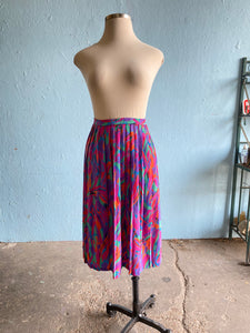 80-90's pleated Fuchsia abstract confetti brushstroke printed plus size skirt