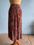 90's Maroon abstract baroque print button down skirt with front slit