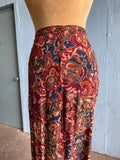 90's Maroon abstract baroque print button down skirt with front slit