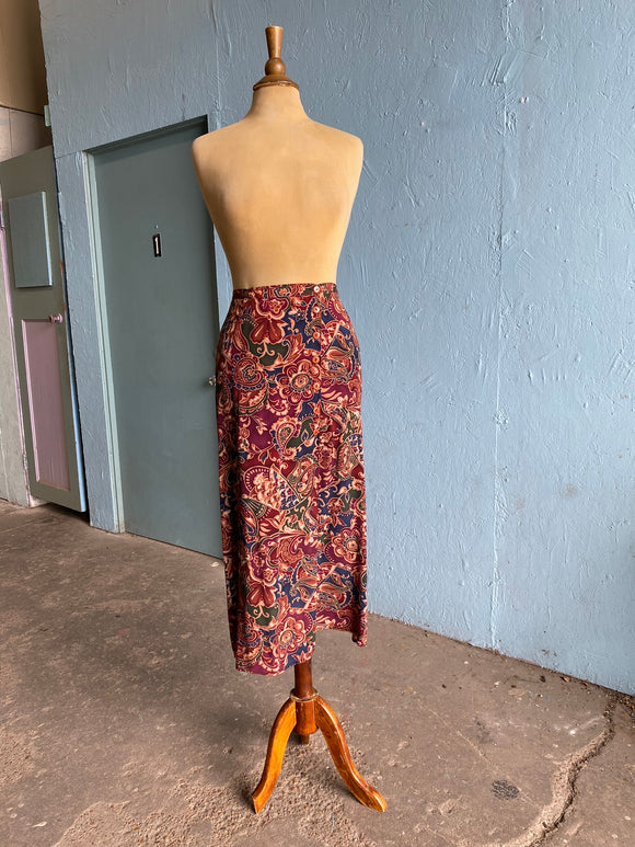 90's Maroon abstract baroque print button down skirt with front slit