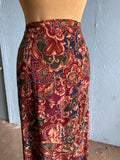 90's Maroon abstract baroque print button down skirt with front slit