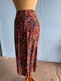 90's Maroon abstract baroque print button down skirt with front slit