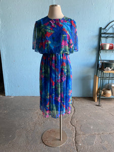 80-90's Blue Plus size dress with abstract brushstroke florals