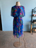 80-90's Blue Plus size dress with abstract brushstroke florals