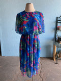 80-90's Blue Plus size dress with abstract brushstroke florals