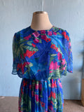 80-90's Blue Plus size dress with abstract brushstroke florals