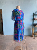 80-90's Blue Plus size dress with abstract brushstroke florals