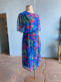 80-90's Blue Plus size dress with abstract brushstroke florals