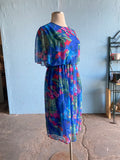 80-90's Blue Plus size dress with abstract brushstroke florals