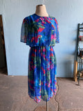 80-90's Blue Plus size dress with abstract brushstroke florals