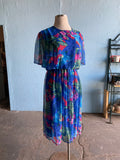 80-90's Blue Plus size dress with abstract brushstroke florals