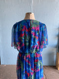 80-90's Blue Plus size dress with abstract brushstroke florals