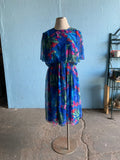 80-90's Blue Plus size dress with abstract brushstroke florals