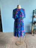 80-90's Blue Plus size dress with abstract brushstroke florals