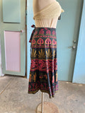 70's black pink and gold Grecian batik wrap skirt