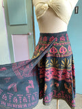 70's black pink and gold Grecian batik wrap skirt