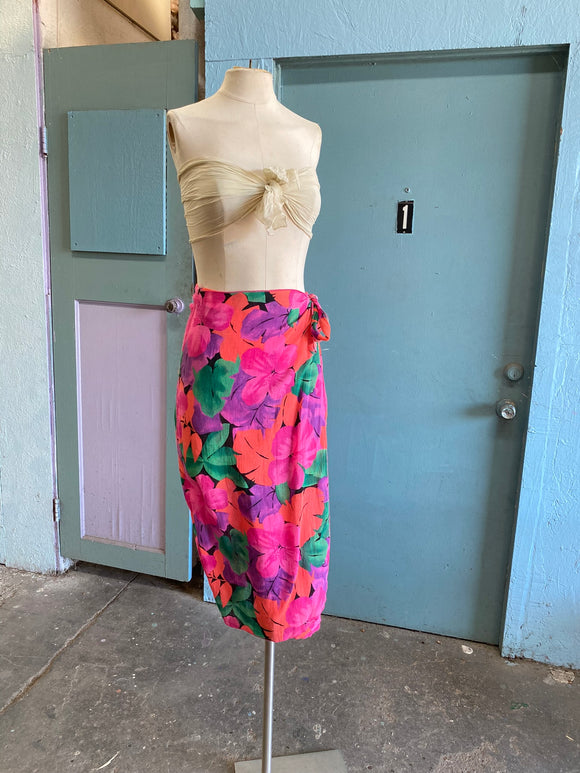 90's Hot pink orange and green tropical floral wrap skirt