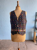 Guatemalan multi color embroidered black cotton vest top with quetzal coin buttons