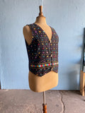 Guatemalan multi color embroidered black cotton vest top with quetzal coin buttons