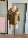 Y2K sheer emerald top with gold burnt velvet florals