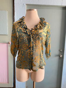 Y2K sheer emerald top with gold burnt velvet florals