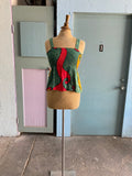 Boho hippie green, red mustard abstract peplum stretch top.