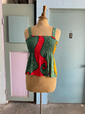 Boho hippie green, red mustard abstract peplum stretch top.