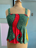 Boho hippie green, red mustard abstract peplum stretch top.