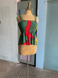 Boho hippie green, red mustard abstract peplum stretch top.