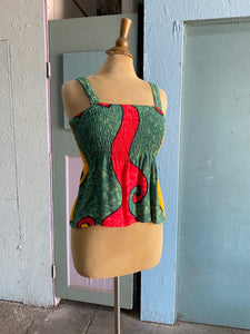 Boho hippie green, red mustard abstract peplum stretch top.