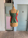 Boho hippie green, red mustard abstract peplum stretch top.