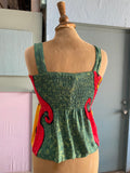 Boho hippie green, red mustard abstract peplum stretch top.