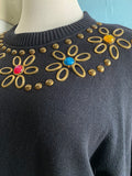 80-90's black bedazzled daisy tunic sweater