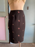 90's-Y2K black pencil skirt with dainty pink embroidered flowers