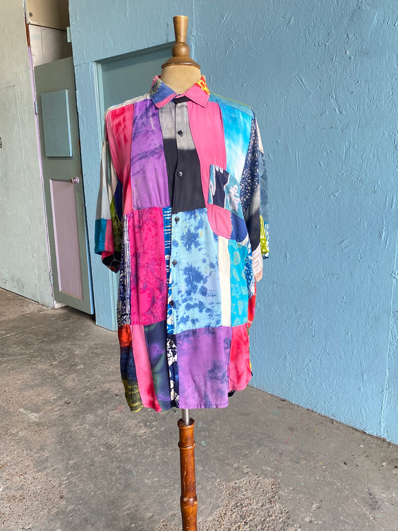 90's tie-dye color block button down shirt