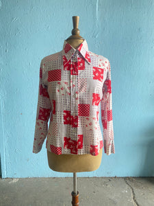 70's red, white & violet patchwork block print long sleeve shirt