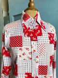 70's red, white & violet patchwork block print long sleeve shirt