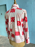 70's red, white & violet patchwork block print long sleeve shirt