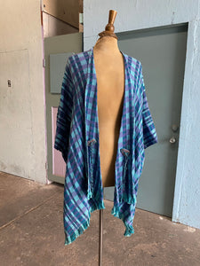 Handwoven Turquoise & purple plaid poncho shawl