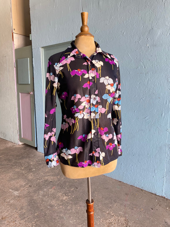 70's Black polyester long sleeve in a purple, turquoise floral print