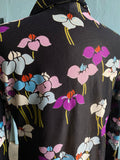 70's Black polyester long sleeve in a purple, turquoise floral print