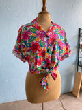 80-90's White button down short sleeve shirt in a all over tropical floral print