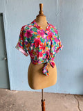 80-90's White button down short sleeve shirt in a all over tropical floral print